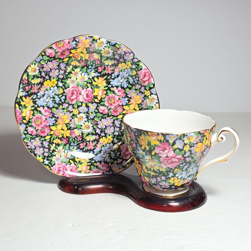 Royal Standard Teacup and Saucer Chintz Pink Yellow Blue Flowers